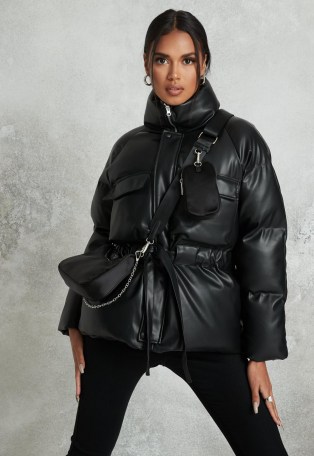 MISSGUIDED black faux leather gathered waist puffer jacket - flipped