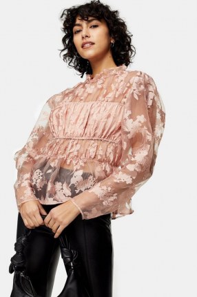 TOPSHOP Pink Organza Floral Print Blouse ~ semi sheer blouses - flipped