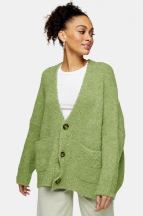TOPSHOP Pistachio Oversized Button Knitted Cardigan | green roomy drop shoulder cardigans - flipped