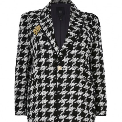 RIVER ISLAND Plus black boucle dogtooth badged blazer ~ plus size checked blazers ~ houndstooth tweed style jackets - flipped