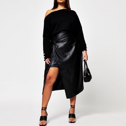 River Island Plus black faux leather front wrap skirt – plus size skirts - flipped