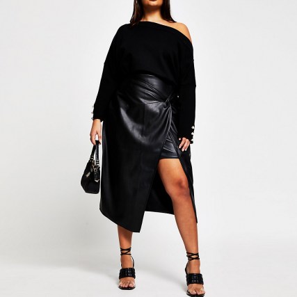 River Island Plus black faux leather front wrap skirt – plus size skirts