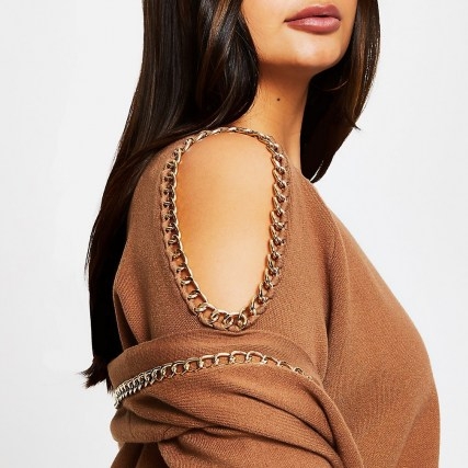 RIVER ISLAND Plus brown chain cold shoulder jumper ~ plus size fashion ~ knitwear ~ tops - flipped