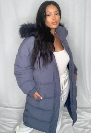 MISSGUIDED plus size blue faux fur hooded longline puffer coat ~ cool casual style ~ winter coats - flipped