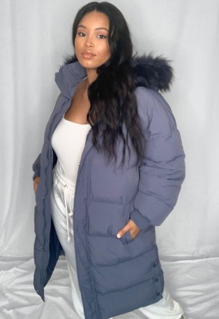 MISSGUIDED plus size blue faux fur hooded longline puffer coat ~ cool casual style ~ winter coats