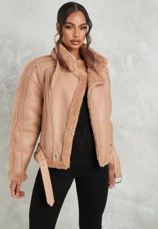MISSGUIDED premium brown borg belted aviator jacket ~ faux fur winter jackets - flipped