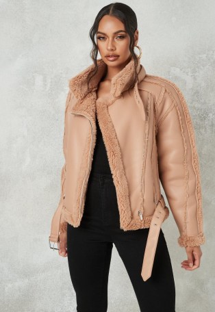 MISSGUIDED premium brown borg belted aviator jacket ~ faux fur winter jackets