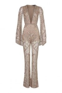 boohoo Premium Embellished Cap Sleeve Jumpsuit / daring deep plunge jumpsuits / sparkling sequin party fashion