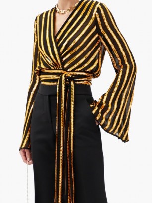 GALVAN Pride sequinned striped wrap blouse ~ flared sleeve sequinned party tops ~ glamorous evening wear