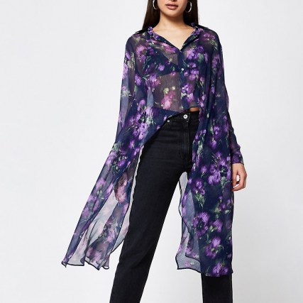 RIVER ISLAND Purple floral print frill asymmetric shirt ~ floaty longline shirts - flipped