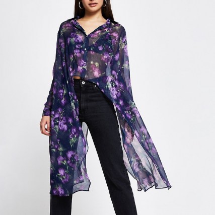 RIVER ISLAND Purple floral print frill asymmetric shirt ~ floaty longline shirts