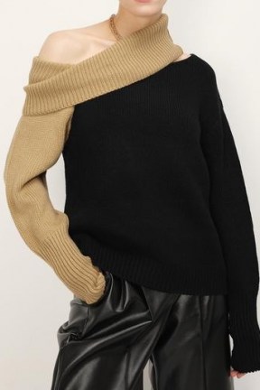 storets Leslie Cut Out Shoulder Sweater | asymmetric sweaters | asymmetrical jumpers | colour block knitwear - flipped