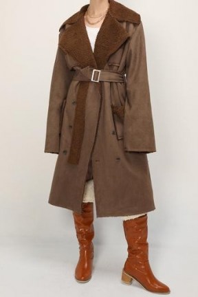 storets Audrey Shearling Belted Faux Leather Coat | brown winter coats - flipped