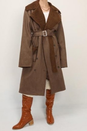 storets Audrey Shearling Belted Faux Leather Coat | brown winter coats
