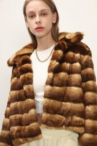 STORETS Raegan Striped Cropped Faux Fur Jacket / brown winter jackets