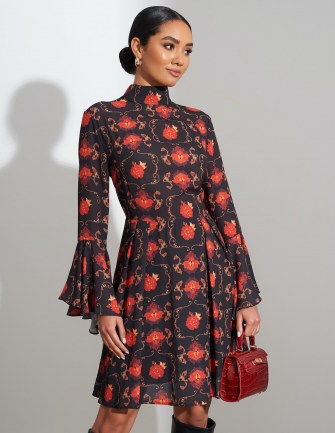 FOREVER UNIQUE Red And Black Floral Midi Dress / high neck / flared sleeve dresses - flipped