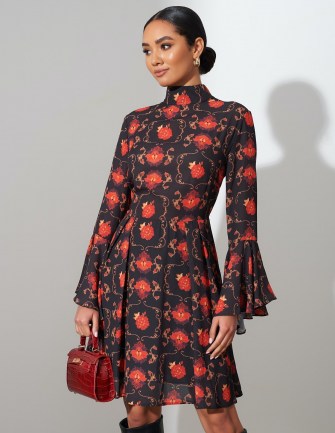 FOREVER UNIQUE Red And Black Floral Midi Dress / high neck / flared sleeve dresses