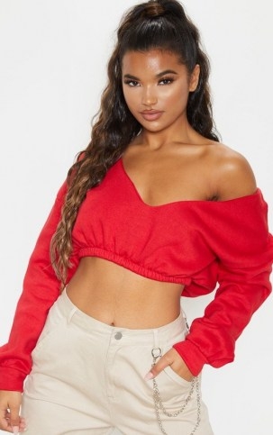 RED CROP OFF SHOULDER SWEATER - flipped