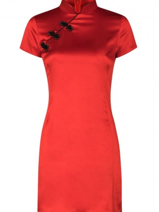 De La Vali Suki short-sleeve mini dress in red ~ oriental style mandarin collar evening dresses ~ party fashion ~ lrd - flipped