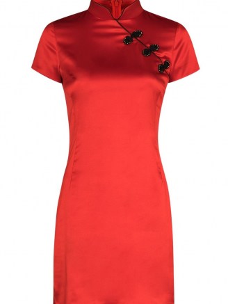 De La Vali Suki short-sleeve mini dress in red ~ oriental style mandarin collar evening dresses ~ party fashion ~ lrd