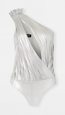 Retrofete Cassie Thong Bodysuit | metallic silver plunging bodysuits - flipped