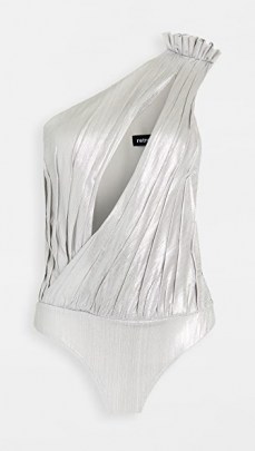 Retrofete Cassie Thong Bodysuit | metallic silver plunging bodysuits