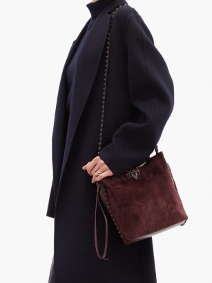 VALENTINO GARAVANI Rockstud burgundy-suede messenger bag ~ luxury designer bags ~ winter accessories - flipped
