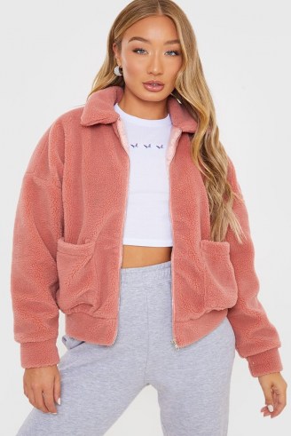 IN THE STYLE ROSE TEDDY FUR BOMBER JACKET ~ pink faux fur front zip jackets