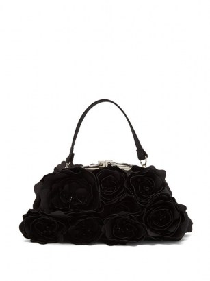ERDEM Rose-appliqué satin clutch bag ~ black floral vintage style bags ~ occasion handbags ~ feminine party accessories - flipped
