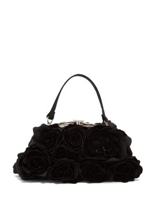 ERDEM Rose-appliqué satin clutch bag ~ black floral vintage style bags ~ occasion handbags ~ feminine party accessories