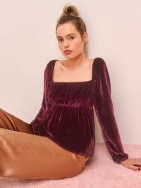 Reformation Roy Top – plum coloured velvet tops – square neck – fitted under bust