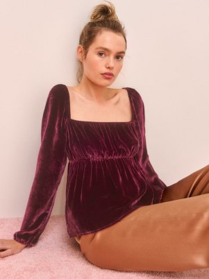 Reformation Roy Top – plum coloured velvet tops – square neck – fitted under bust - flipped