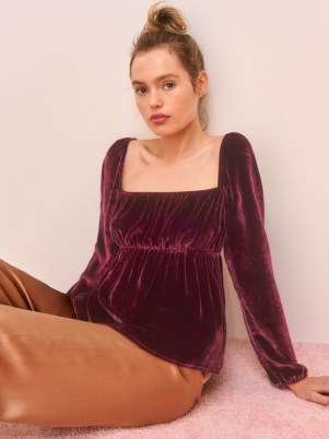 Reformation Roy Top – plum coloured velvet tops – square neck – fitted under bust