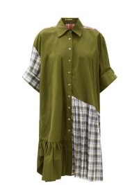 MARQUES’ALMEIDA Ruffle-hem upcycled patchwork cotton shirt dress / khaki green checked dresses