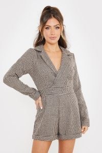 SAFFRON BARKER BROWN TWEED HOUNDSTOOTH PLAYSUIT / dogtooth check playsuits