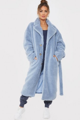 SAFFRON BARKER DUSTY BLUE BORG LONGLINE BELTED COAT ~ celebrity inspired winter coats ~ faux fur outerwear - flipped