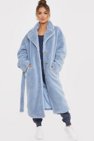 SAFFRON BARKER DUSTY BLUE BORG LONGLINE BELTED COAT ~ celebrity inspired winter coats ~ faux fur outerwear