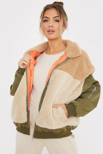 SAFFRON BARKER TEDDY FUR CAMEL COLOUR BLOCK PADDED ~ casual textured faux fur jackets