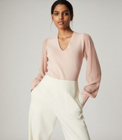REISS SAVANNAH V-NECK KNITTED TOP BLUSH ~ luxe sheer sleeve tops - flipped