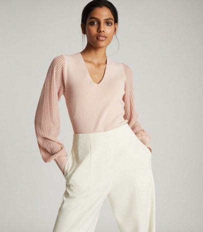 REISS SAVANNAH V-NECK KNITTED TOP BLUSH ~ luxe sheer sleeve tops