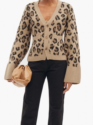 KHAITE Scarlet cheetah-jacquard cashmere-blend cardigan – flared sleeve cardigans – wild cat pattern knitwear - flipped