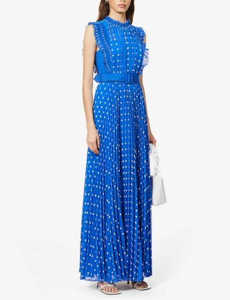 Kyle Richards blue spot print dress, SELF-PORTRAIT Polka dot-print pleated crepe maxi dress, on Instagram, 4 November 2020 | reality star dresses | celebrity social media fashion