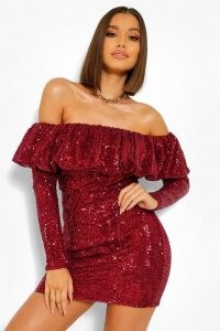 boohoo Sequin Frill Off The Shoulder Mini Dress in Berry | red sequinned party dresses | glamorous going out fashion
