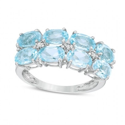 Sideways Oval Blue Topaz and Diamond Accent Double Row Ring in Sterling Silver