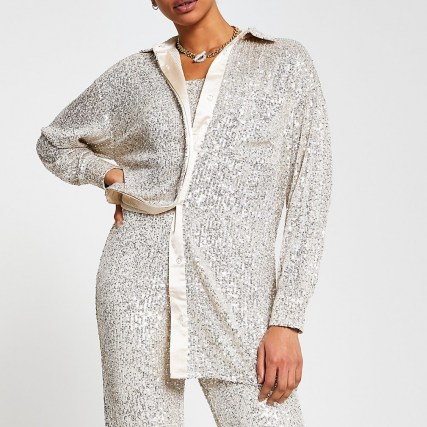 RIVER ISLAND Silver long sleeve sequin shirt / sequinned shirts