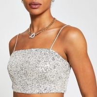 RIVER ISLAND Silver sequin bralet top / strappy evening crop tops / sequinned bralets