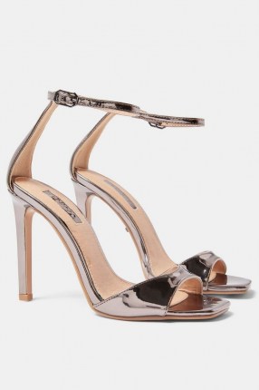 TOPSHOP SILVY Pewter Skinny Two Part Heel Sandals ~ shiny ankle strap party heels - flipped