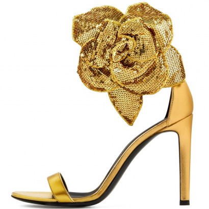 Giuseppe Zanotti Siuxsie laminated golden leather sandals ~ rose embellished heels - flipped