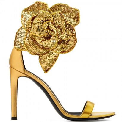 Giuseppe Zanotti Siuxsie laminated golden leather sandals ~ rose embellished heels