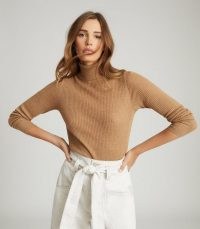 REISS SOPHIE KNITTED ROLL NECK TOP CAMEL ~ light brown high neck sweater ~ neutral rib knit tops
